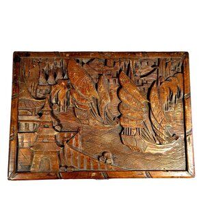 Antique Chinese Hand-Carved Wooden Box Chest Brass Hardware Boats Temples